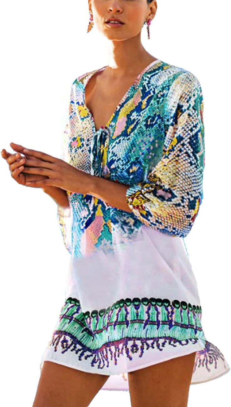 QIUYEJUO Women Loose Swimsuit Cover Ups Bikini Coverups Sleeve Beach Shirt Dress