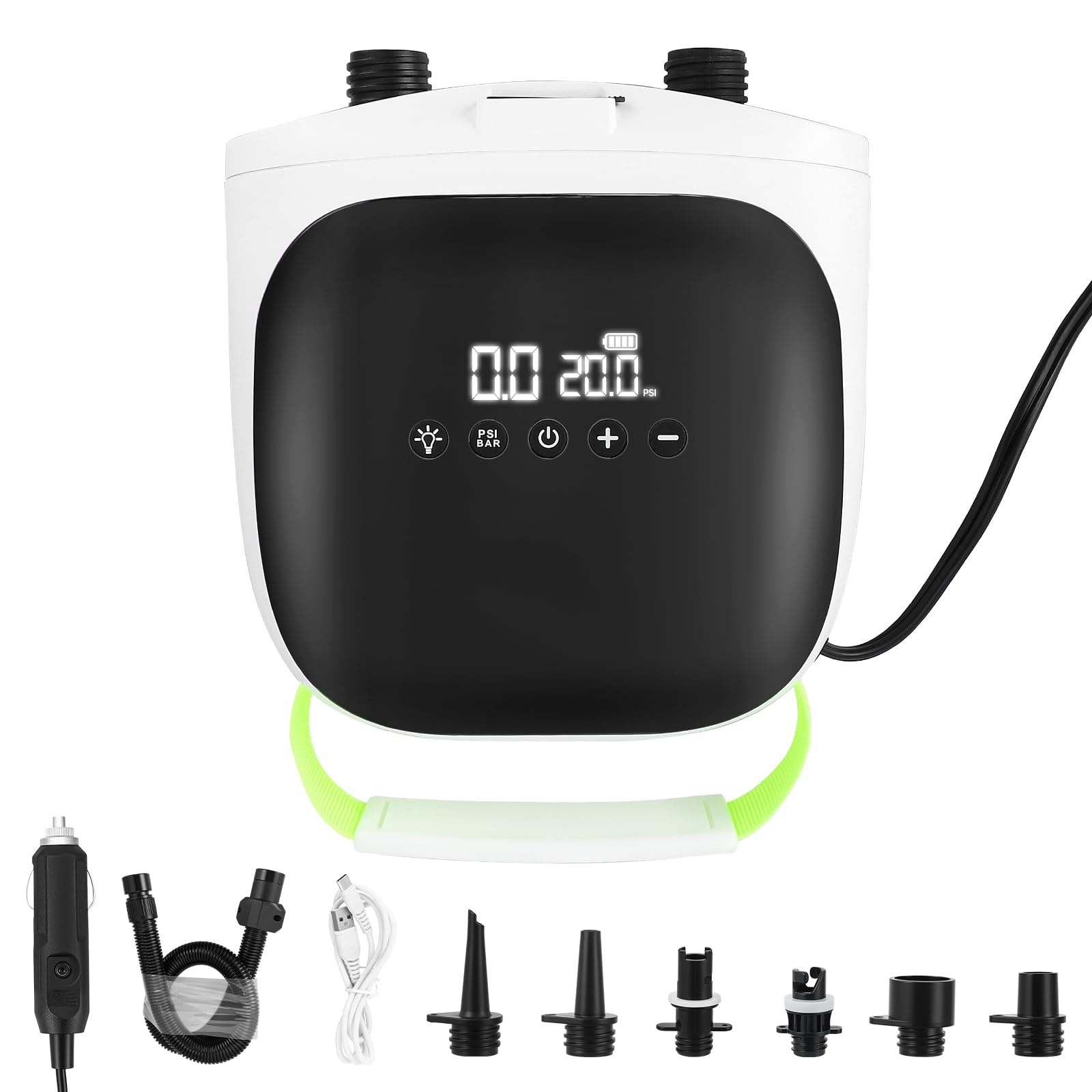 Pompa Elettrica SUP 20PSI, Pompa SUP Ricaricabile Gonfiabile con Gonfiaggio Intelligente a Doppio Stadio & Auto-Spegnimento, 6 Ugelli per Canoa, Barca, Tenda, Kayak Gonfiabile