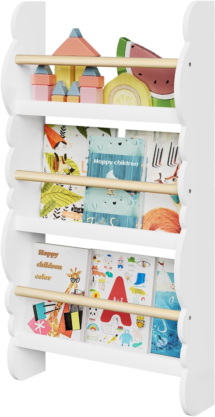 WOLTU Kids Bookcase, Wall Shelf, 3-Tier Children's Bookshelf, Storage Display Rack, Wooden Book Organiser for Children's Room, Cloud-shape, White