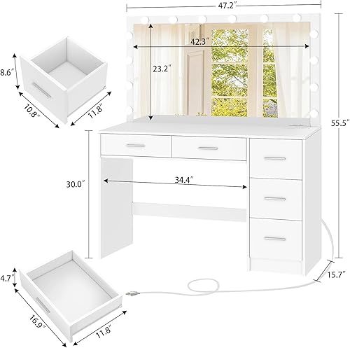 Miniatura 2 de usikey Escritorio grande de tocador de 47.2 pulgadas con espejo grande iluminado, 14 luces, mesa de tocador de maquillaje con 5 cajones grandes y