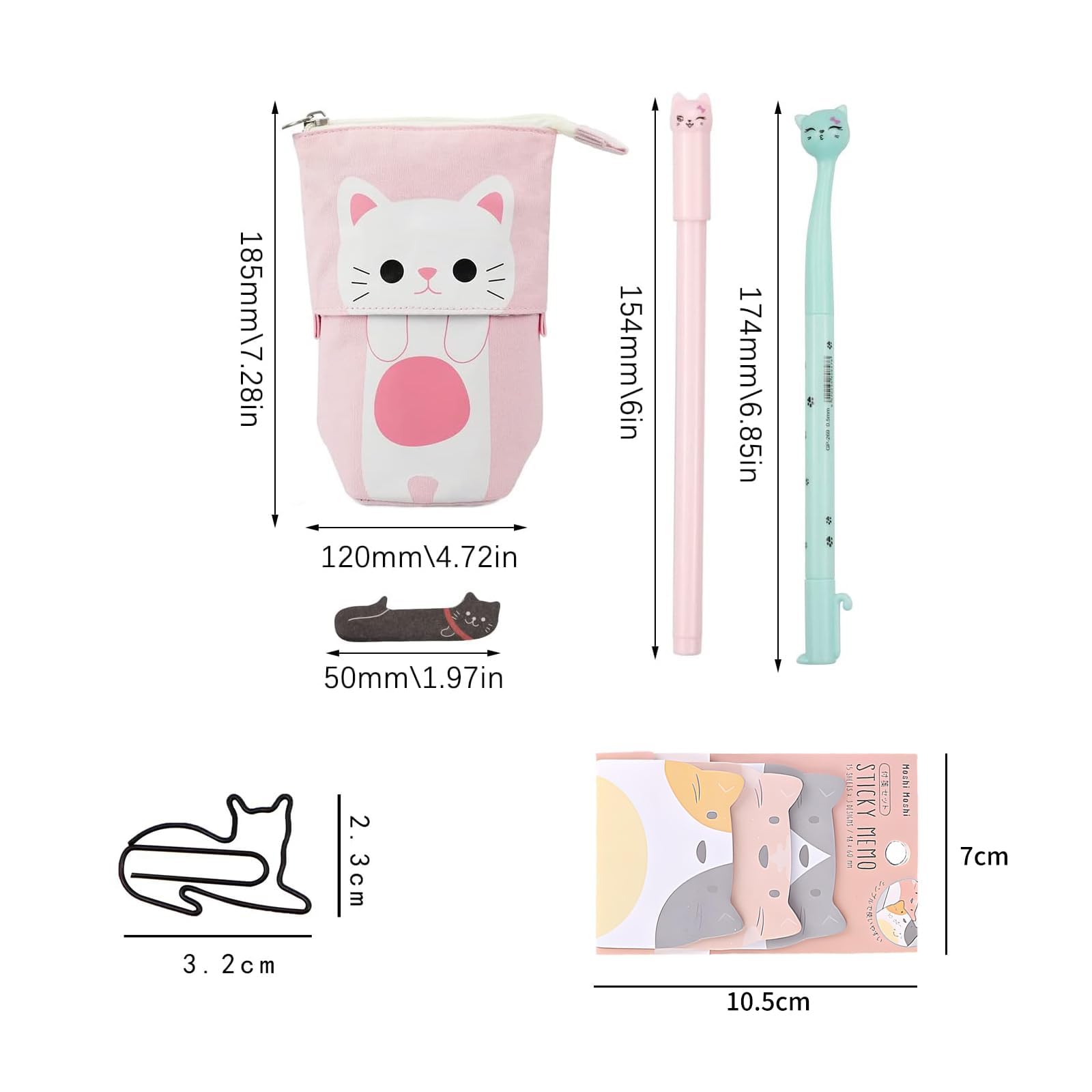 22 Pcs Cute Cat Stationery Set Beautiful Stationery 1 Canvas Cat Telescopic Pouch Bag 12 Gel Ink Rollerball Pens with 0.5 mm Refill 320 Notes Page Flags Index Tabs 6 Cat Paper Clips 1 Sticky Note - Image 2