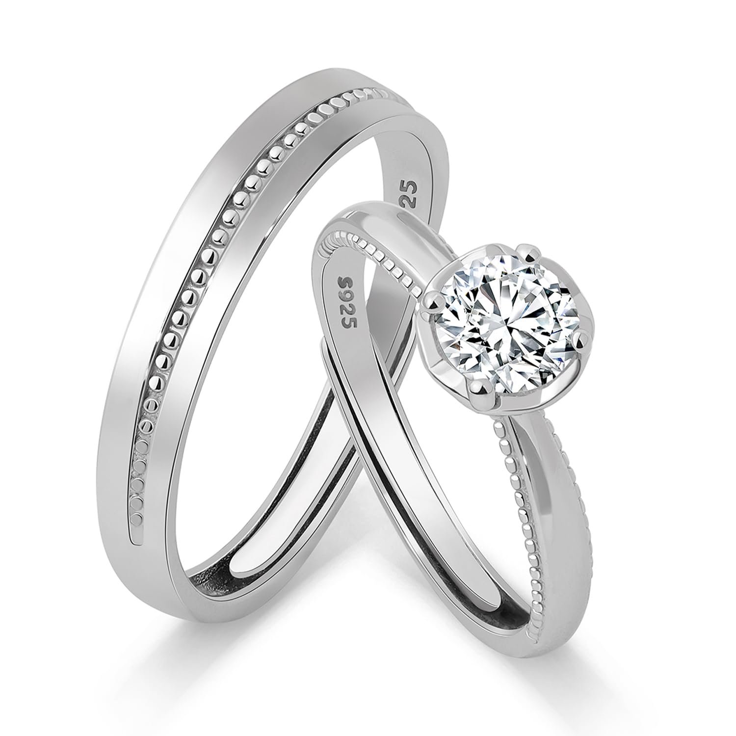 Meissa Alianzas de Pareja Ajustables Plata de Ley 925 Anillo para Ella con Piedra Zirconia 0,44ct & 2,3mm + Él 3,5mm Regalo Boda Compromiso San Valentín Tallas 10-18 & 14-22 (Juego de dos anillos)