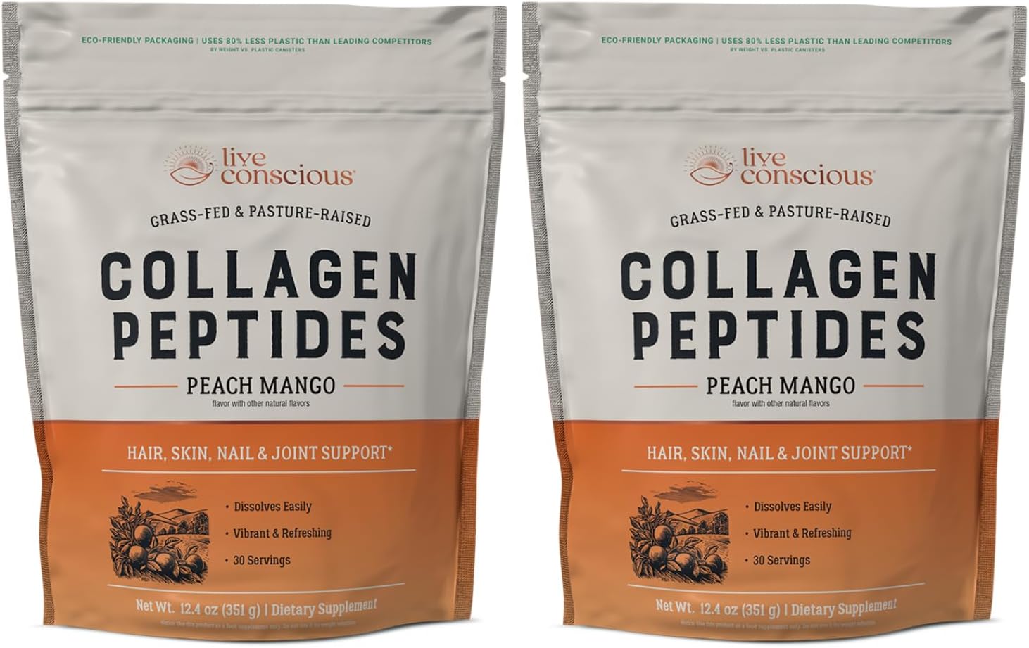 Collagen Peptides Powder - Peach Mango Flavored Collagen Powder - Hair, Skin, Nail, & Joint Support - Type I & III Grass-Fed Collagen Supplements for Women and Men (2-Pack)