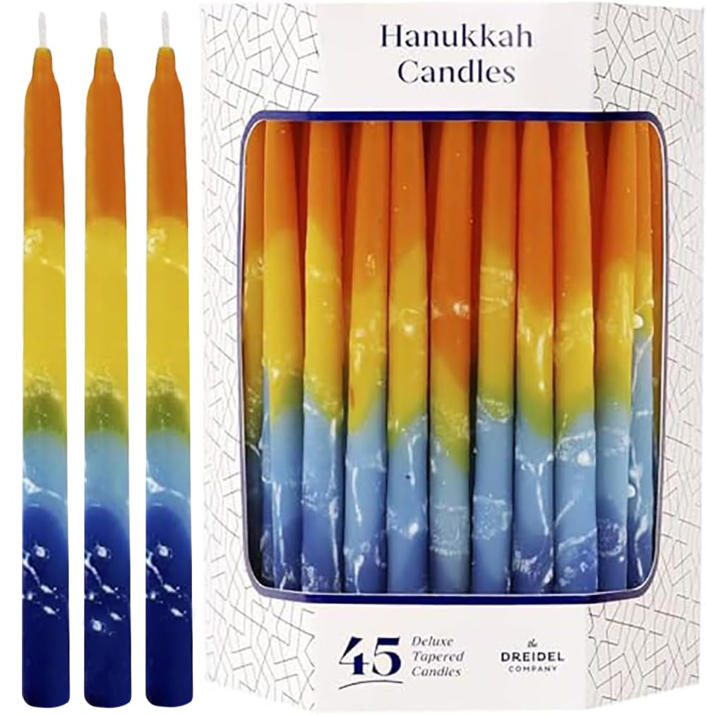 Dripless Hanukkah Candles Deluxe Sunburst Tri Colored Hand Decorated Hanukkah Candles 45