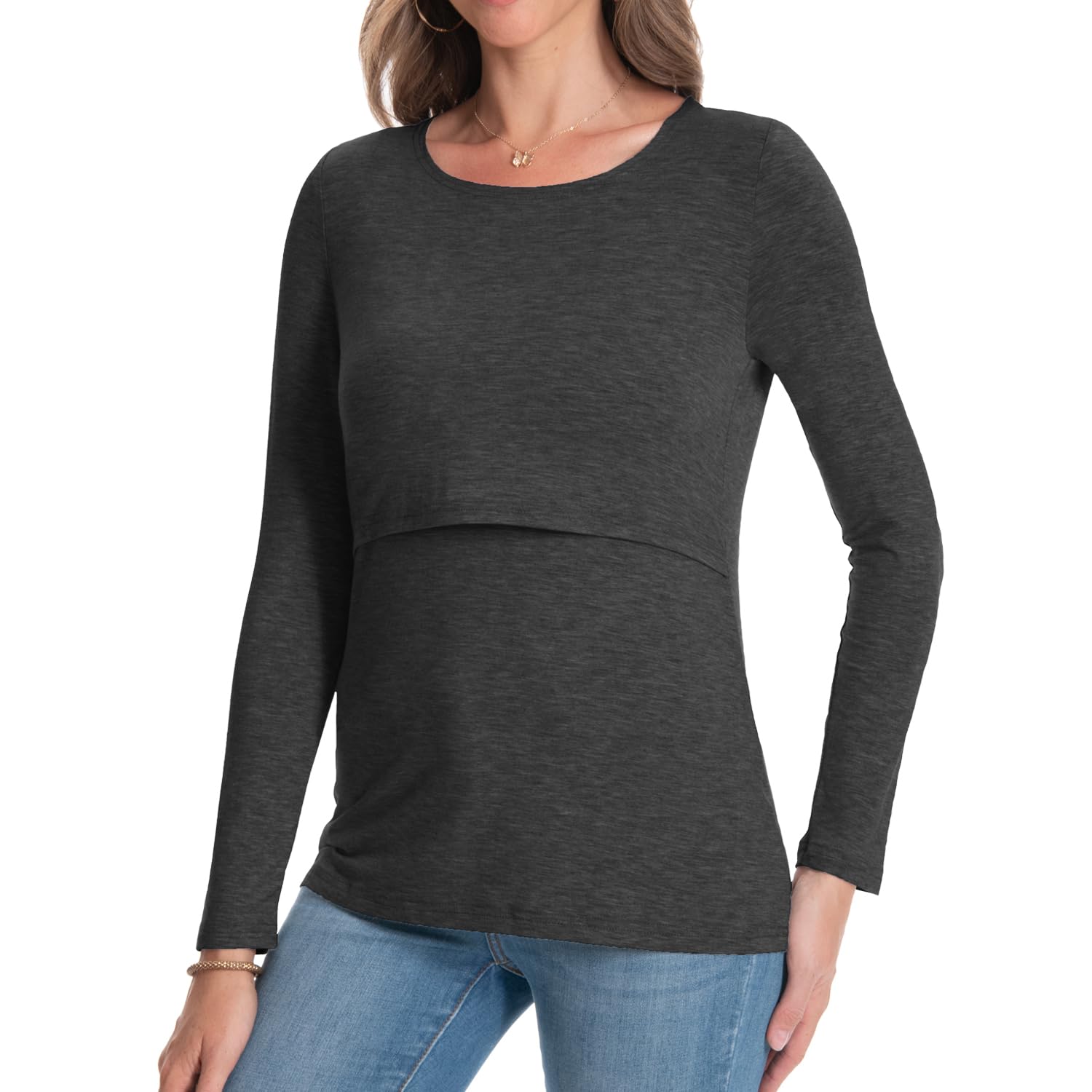 Bearsland Camicia da allattamento da donna, a maniche lunghe, girocollo, per allattamento