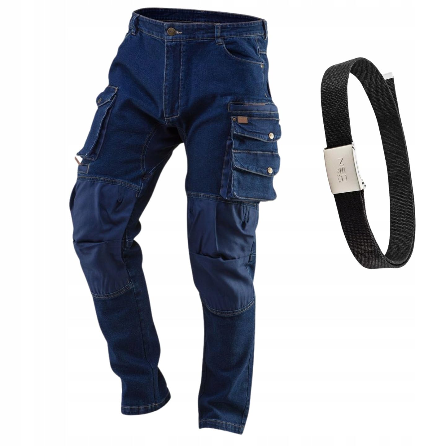 NEO TOOLS Pantaloni da lavoro in denim, da uomo con cintura, tessuto Oxford, tasca per ginocchiere, resistenti e universali, da lavoro, multi tasche, jeans da lavoro stretch