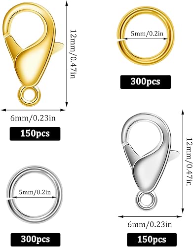 Vista 8 de 18 piezas de cierre de langosta de doble apertura, 3 tamaños de oro y plata, conectores de acero inoxidable para fabricación de joyas