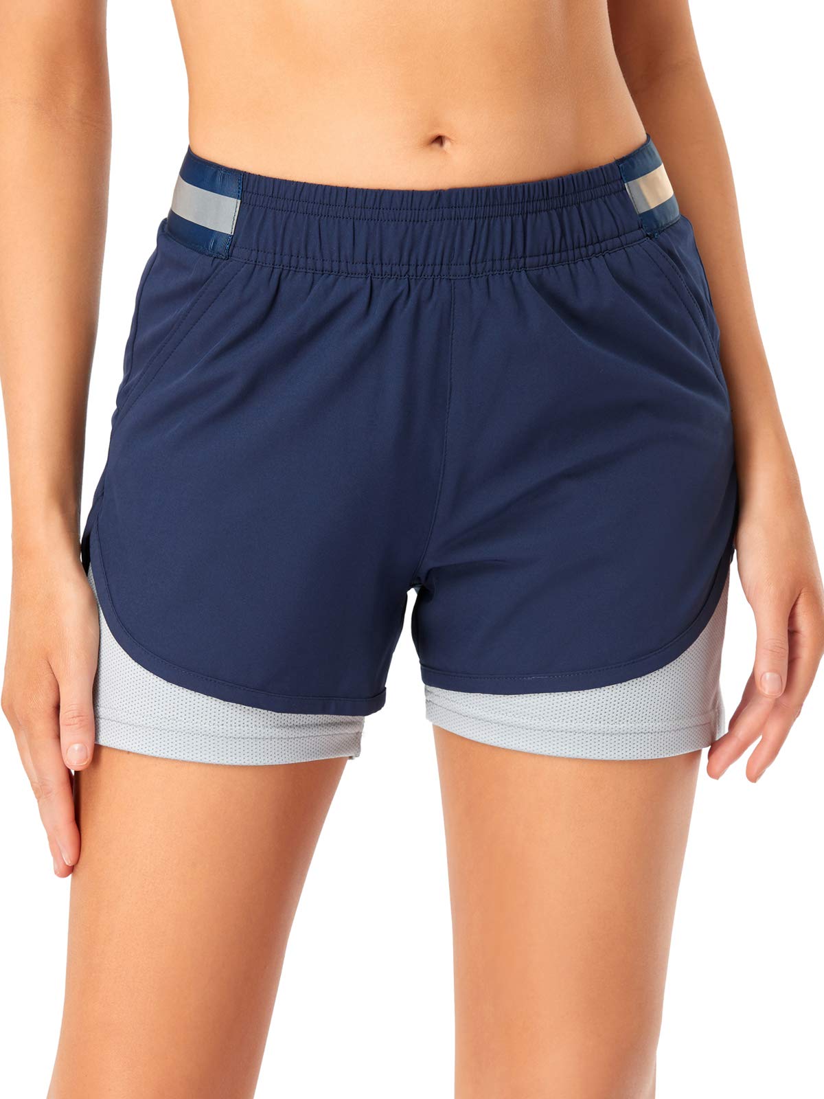 KirGiabo Womens Workout Shorts 2 in 1 Athletic Running Yoga Training Sports Shorts with Pockets (C2-Blue，M