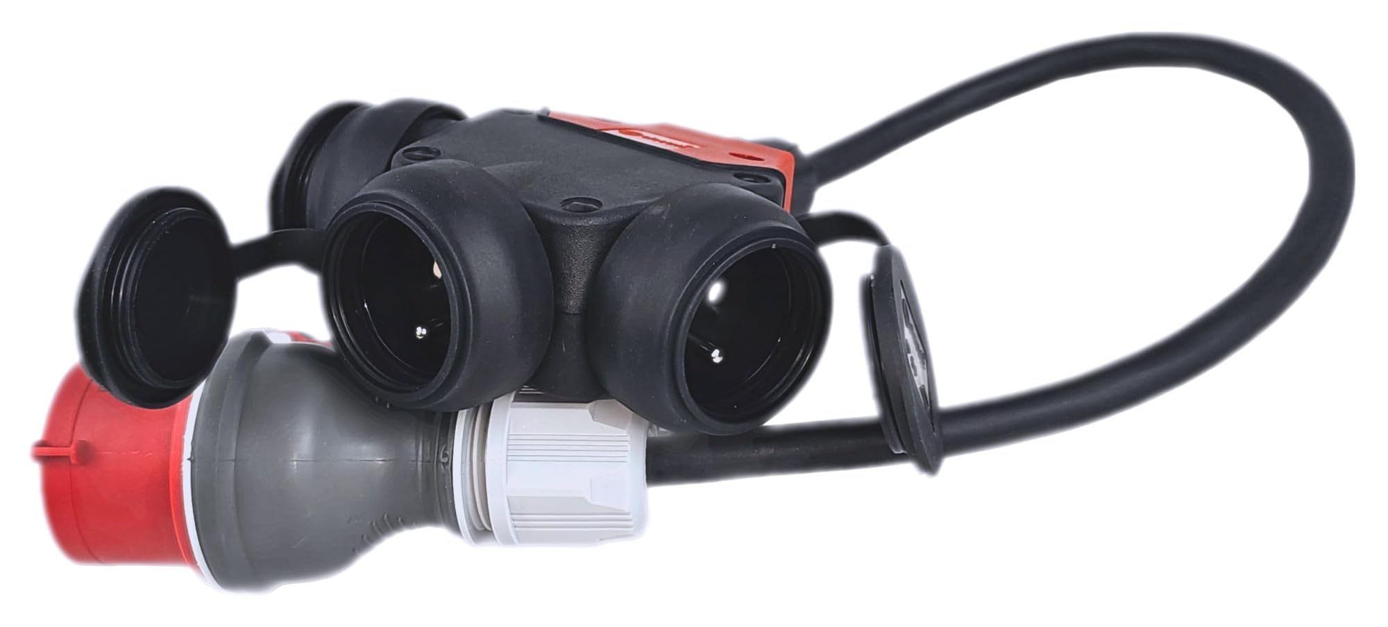 RoadEu - Rallonge 0,5m Prise Industrielle Cordon Adaptateur - Fiche d'alimentation 16A 3P+N+E vers Triple Prise 2P+E 230V, Câble en Caoutchouc,