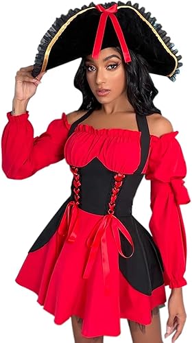 Disfraz sexy de pirata de Halloween para mujer, 3 piezas de vestido de capitán