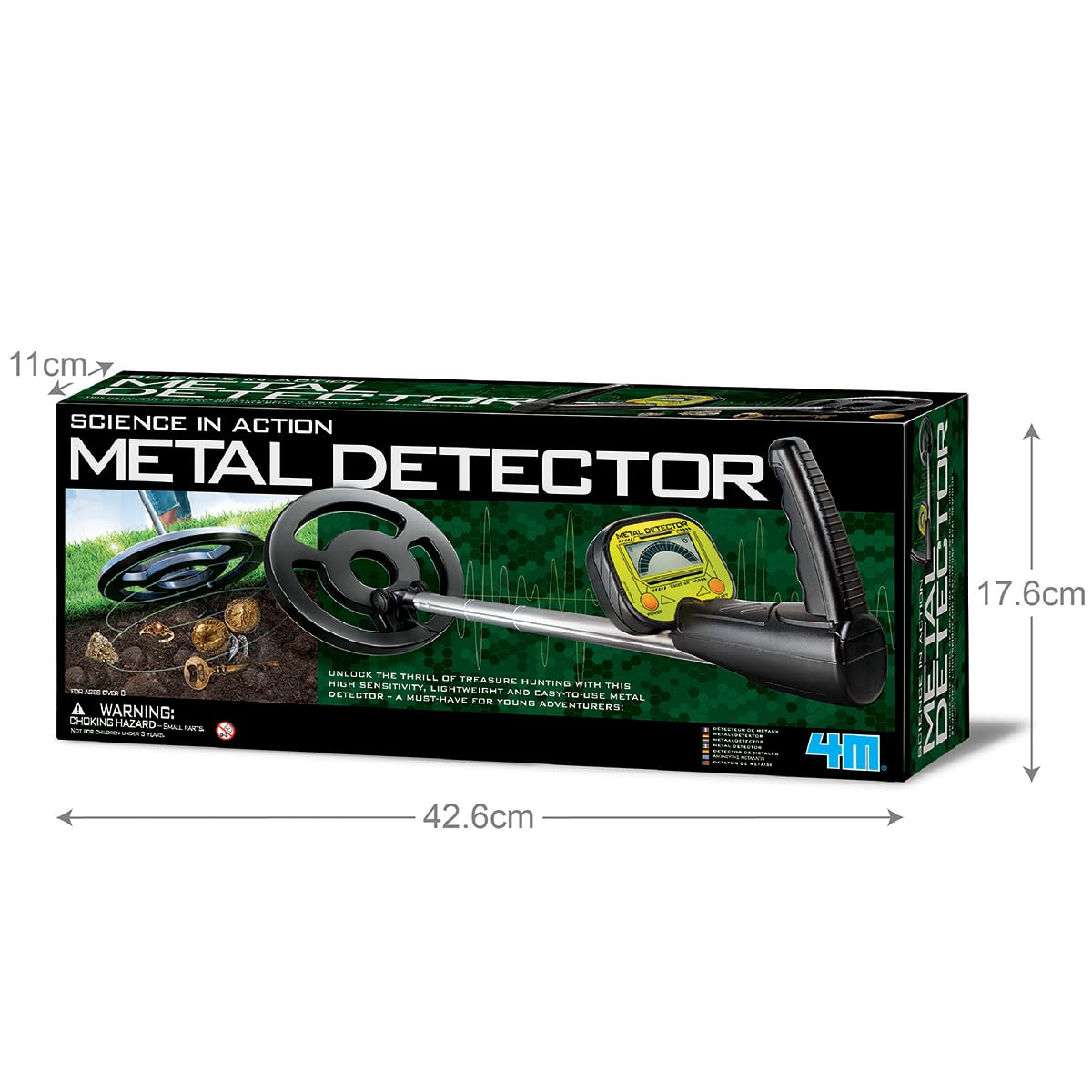 4M 00-03933 Metal Detector Alta Precisione Grande Display LCD Retroilluminato, Elevata Sensibiità, Asta Estensibile da 45 a 80 cm, Angolo rilevazione Regolabile, Kidult Adatto a Adulti e Ragazzi