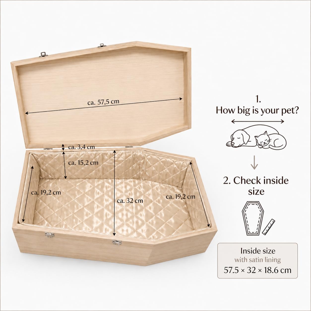 ataud de Madera con Forro Interior Satinado - tamaño XL para Mascotas Medianas - ataud para Mascotas con Cierre Fijo de Metal - Naturaleza del ataud Hecha de Madera