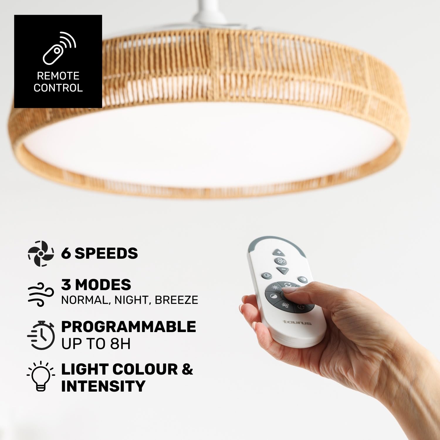 Taurus CEILING FAN POLAR NATURE (FA006L) Ventilador de Techo 107 cm con Aspas Retráctiles | Motor DC 30W Ultra Silencioso | Luz LED 36W Regulable | 6 Velocidades y Modo Invierno-Verano