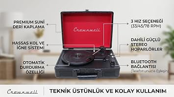 CR Serisi Şarjlı Taşınabilir Çantalı Pikap - Bluetooth Bağlantılı, Dahili Hoparlörlü, 3 Devirli (33/45/78), Vintage Tasarım Plak Çalar - Siyah Timsah Derisi Desenli
