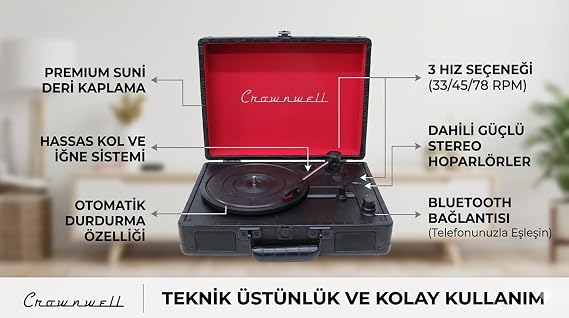 CR Serisi Şarjlı Taşınabilir Çantalı Pikap - Bluetooth Bağlantılı, Dahili Hoparlörlü, 3 Devirli (33/45/78), Vintage Tasarım Plak Çalar - Siyah Timsah Derisi Desenli