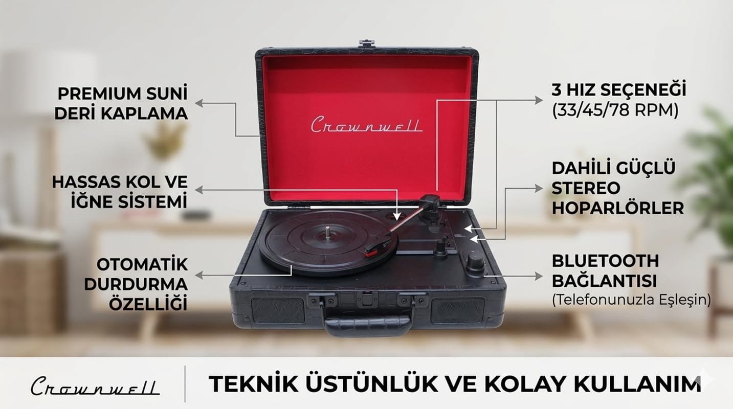 CR Serisi Şarjlı Taşınabilir Çantalı Pikap - Bluetooth Bağlantılı, Dahili Hoparlörlü, 3 Devirli (33/45/78), Vintage Tasarım Plak Çalar - Siyah Timsah Derisi Desenli