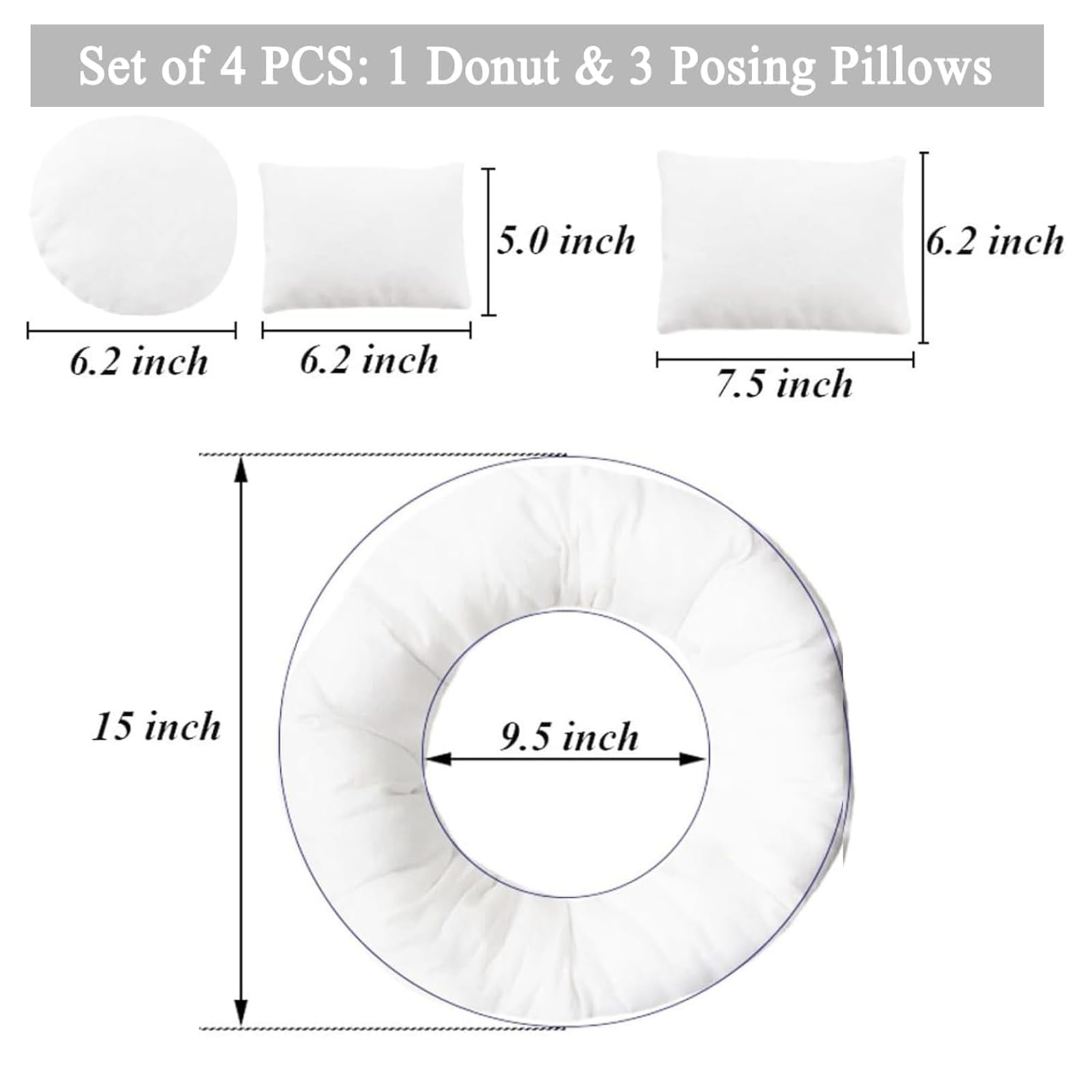 4 pezzi accessori fotografici per neonati, neonati, accessori di scena fotografici, cestino per bambini, 1 ciambella, 3 cuscini in posizione (adatti per 0-2 mesi)
