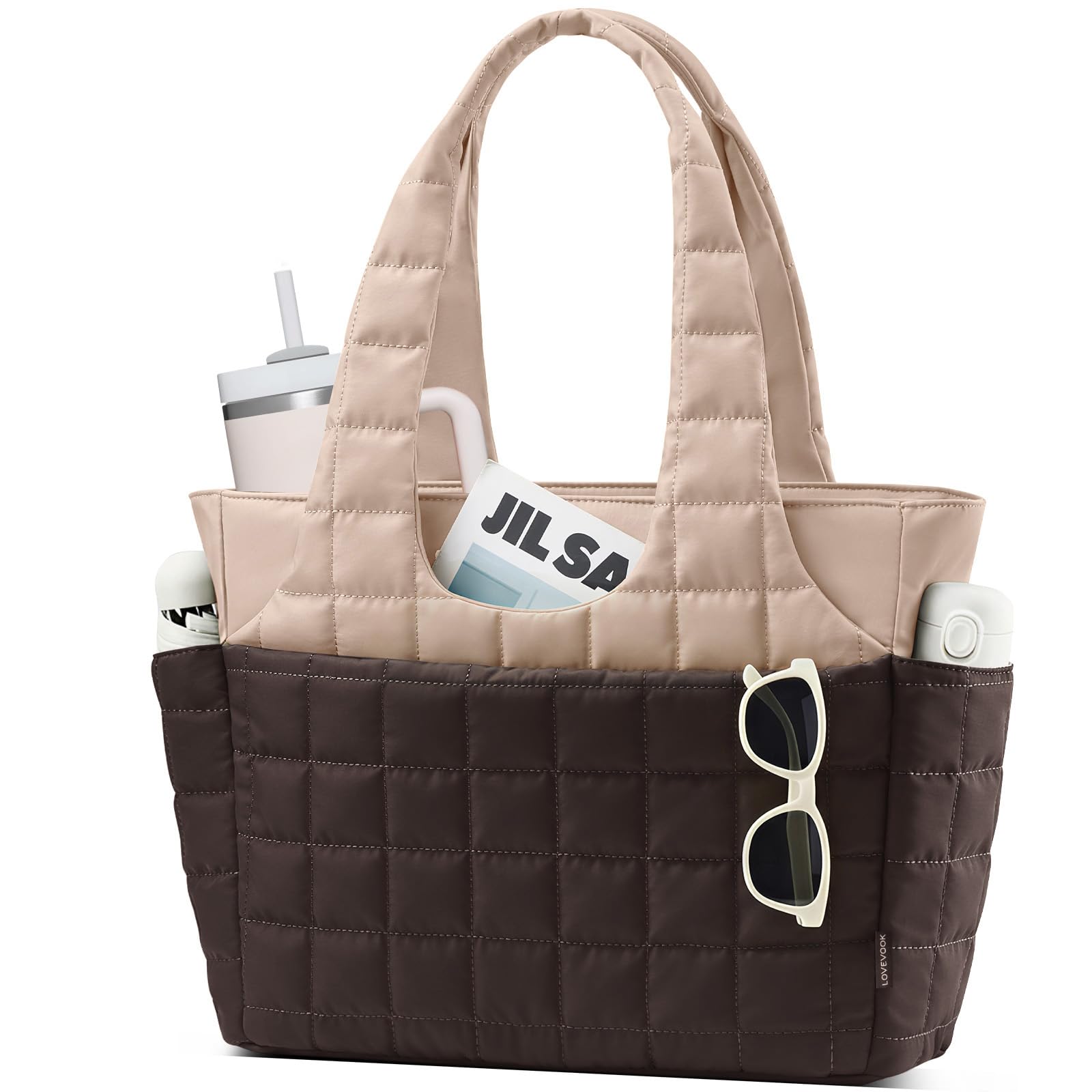 LOVEVOOK Puffer Handtasche Damen Groß, 15,6 Zoll Laptoptasche Shopper Tasche mit Wasserflaschenfach, Leichte Arbeitstasche Schultertasche für Arbeit, Uni & Reise