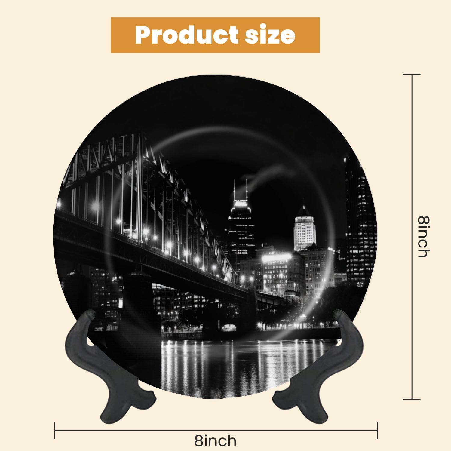 Decorative Plates for Display Night view downtown Pittsburgh Gift Plates Ceramic Collections Plates Hanging Artwork for Living Dining Room Kitchen Souvenir
