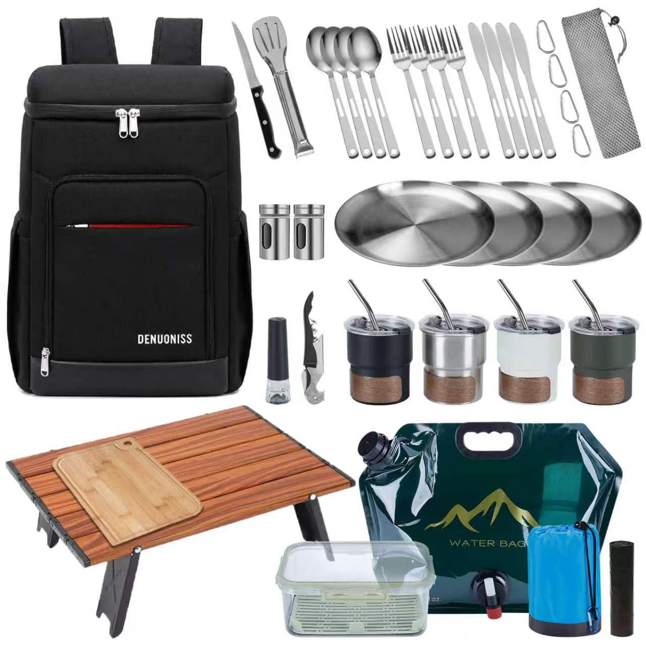 Picnic Backpack Set with Fold Table, Water Bag, Cooler Ice Box &amp; Stainless Steel Utensils - Portable Outdoor Camping Gear for Family Picnics &amp; Hiking (Black, A-4 Person)