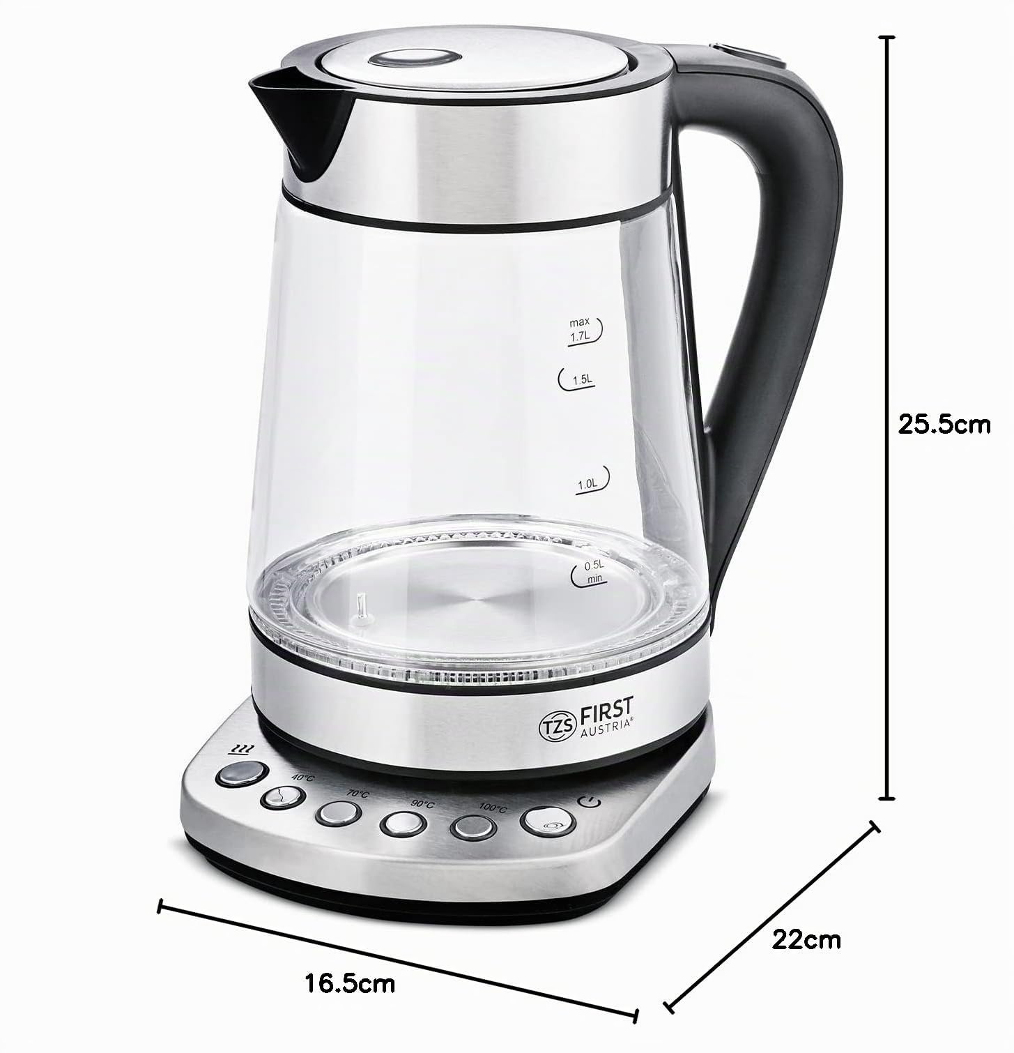 TZS First Austria Glaswasserkocher 1,7 L, mit Kalkfilter, 2200 Watt, Innenbeleuchtung, kabellos, Trockenkochschutz, 360° Grad Anschluss-Sockel