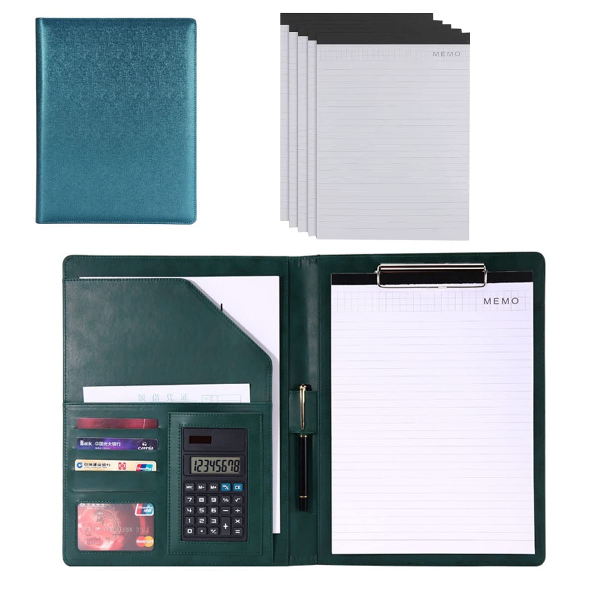 Dossier de conférence Organisateur de dossiers， Porte-bloc A4 avec rangement, porte-bloc professionnel, porte-CV professionnel(Groen,8digit calculator)