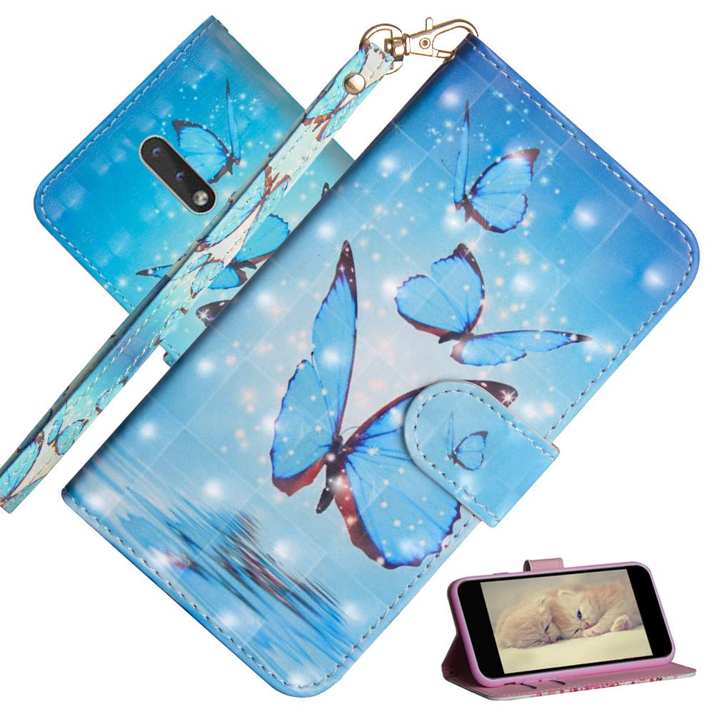 COTDINFOR Nokia 2.3 Case Flip,Wallet Cover Cool Animal 3D Effect Painted PU Leather Flip Magnetic Clasp Card Holder Stand Case for Nokia 2.3 Three Blue Butterflies YX.