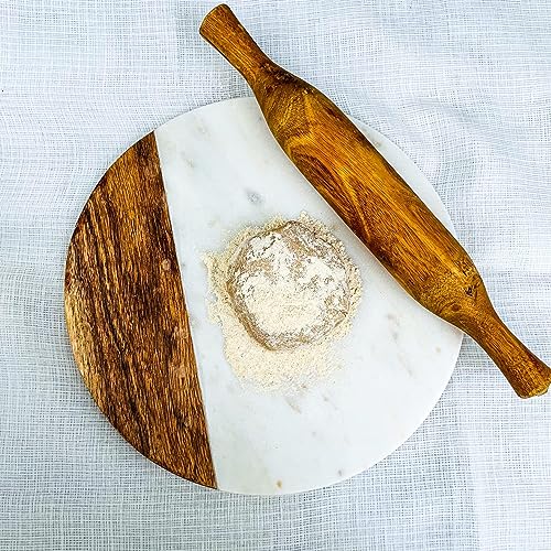 Image of White Round Marble Serving Board | Acacia Wooden, For Charcuterie, Cheese, Meats, Fruit, Crackers, Cheese Board, Cutting Board
