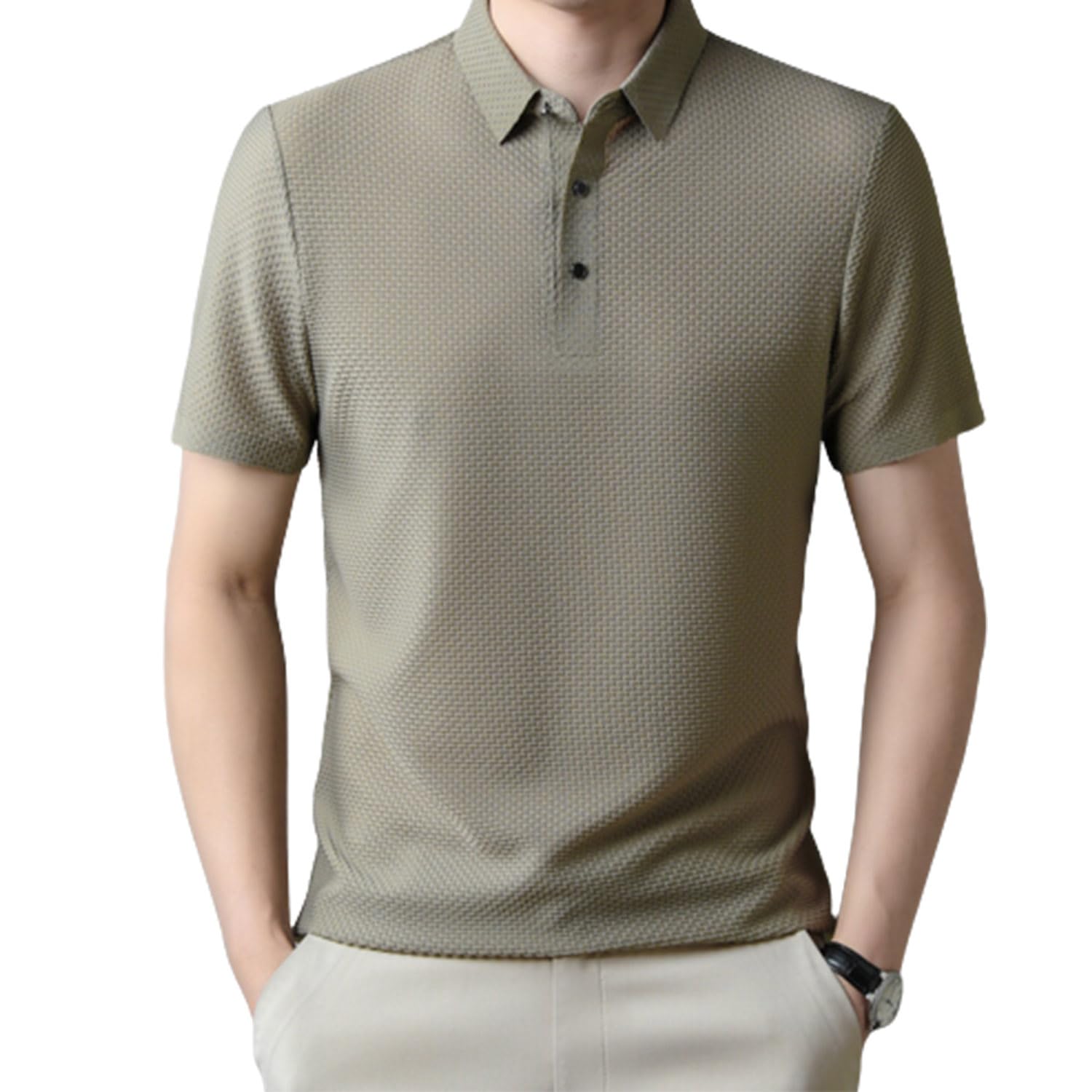 QQLADY Polo de Manga Corta con Cuello en V de Malla de Verano Transpirable cómodo para Hombre, Camisetas de Manga Corta para Hombre Nuevas de Verano 2023 (XXXL,Khaki)