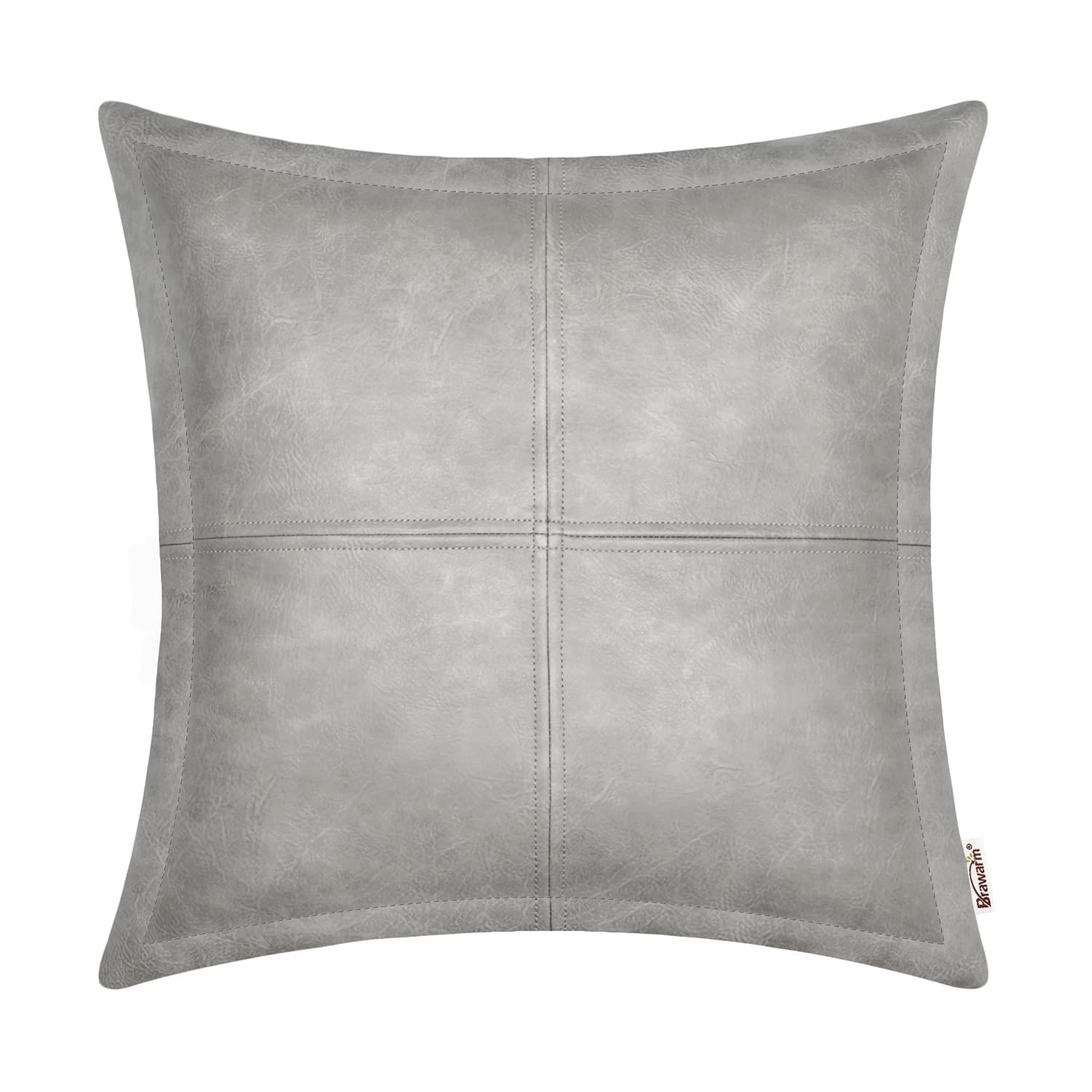 BRAWARM Gray Leather Throw Pillow 18 X 18 Inches, Faux Leather Pillow Cover with Piping, Hand Stitched Leather Decorative Throw Pillow Covers for
