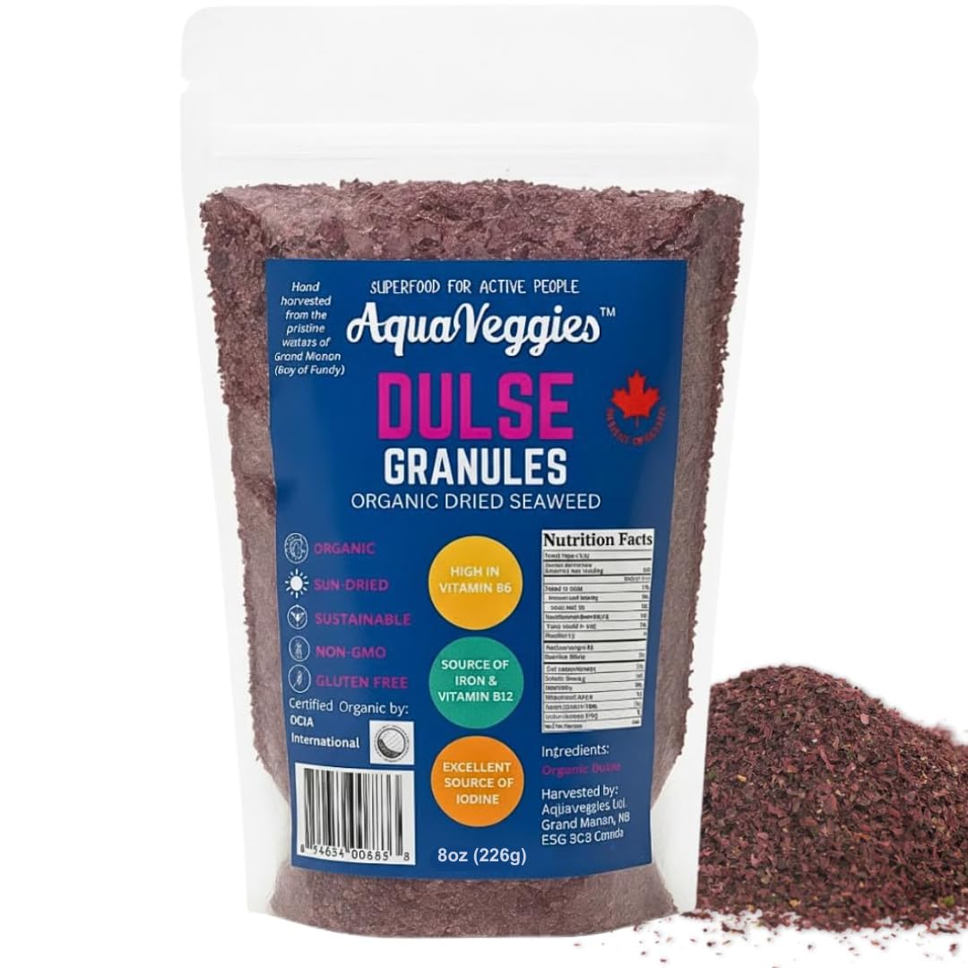 Aqua Veggies Organic Atlantic Dulse Flakes Granules 227Grams or 1/2 Lbs, Hand-Harvested, Sun-Dried Bay of Fundy