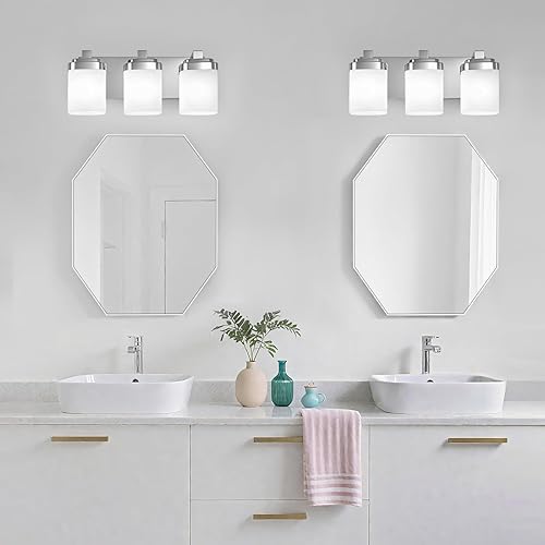 Miniatura 7 de 3 luces de tocador, accesorios de baño cromados E26 con pantalla de vidrio cuadrado blanco lechoso, apliques de pared modernos sobre espejo,
