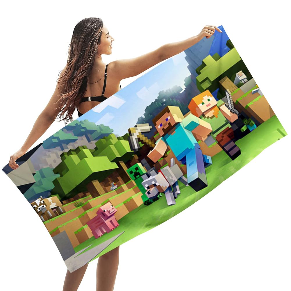 Miinnecraft Beach Towel, Microfibre Bath Towel Children's Bath Super Soft Absorbent Beach Blanket Portable Sauna Towel Camping Towels Lightweight Swim Bath Towel for Pool Swim Beach Yoga Camping