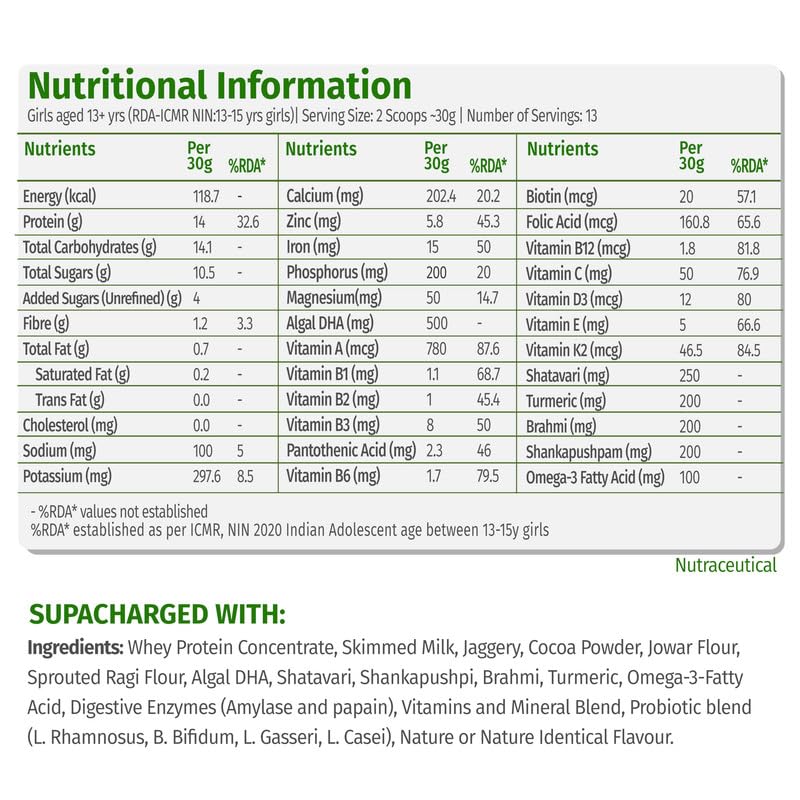 Image of Supafuelz Power Shake Teen Girls 13+ Yrs (2 x 400g)| Height & Strength Drink | 14g Protein, 33 Nutrients, Probiotics & Ayurvedic Actives| Daily Nutrition Drink supports Height, Strength & Focus | Chocolate 800g | Safe Nutrition Drink For Teens