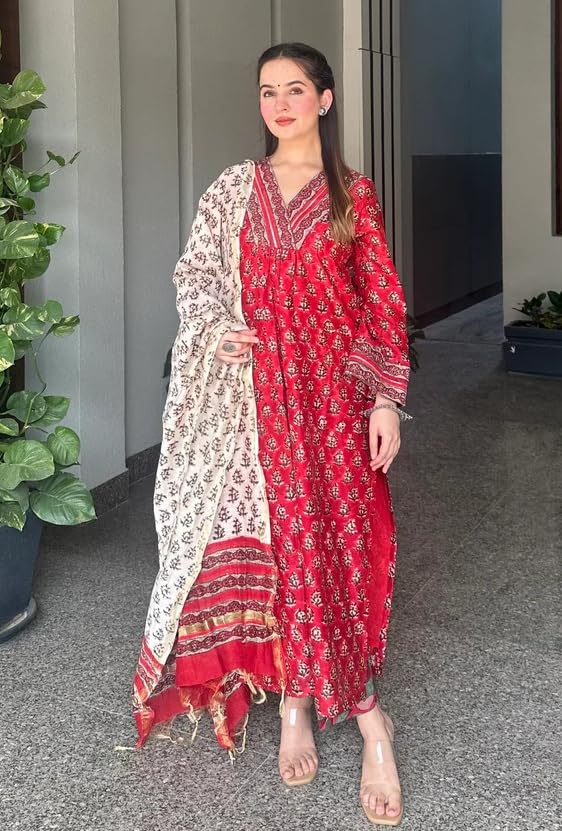 Image of Klosia Women Pure Cotton Kurta Pant Set with Dupatta | Traditional Block Print Ethnic Suit Set | Comfortable Daily, Office