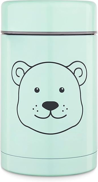 Navaris Kids Stainless Steel Food Flask - 500ml Vacuum Insulated Jar with Cute Bear Design - For Hot or Cold Food, Lunch, School, Soup - Mint Green
