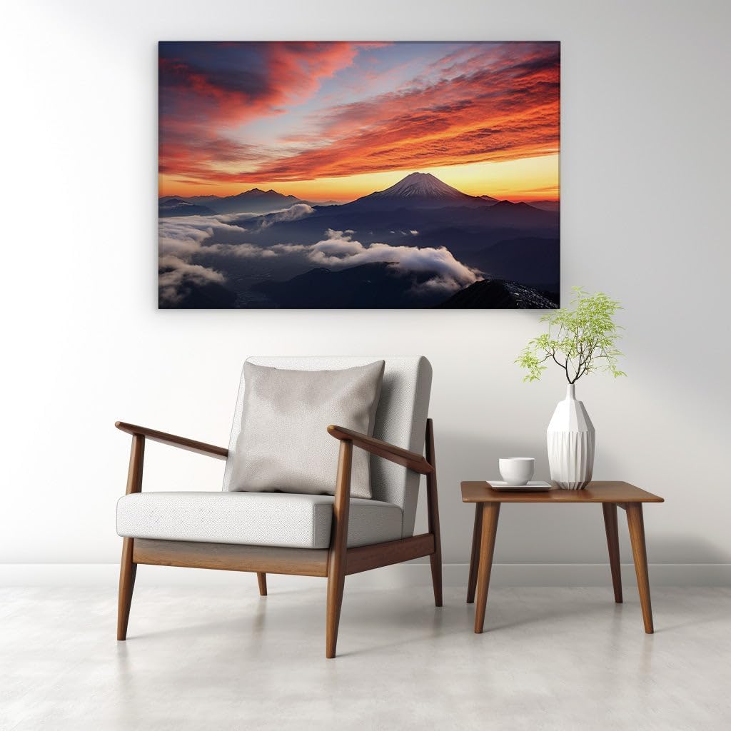 Canvas for Living room. Awe-Inspiring Majesty of Mount Fuji Amid a Canvas of Sunset Splendor, 27 x 18 inch Canvas Wall Art - Modern Home Decor