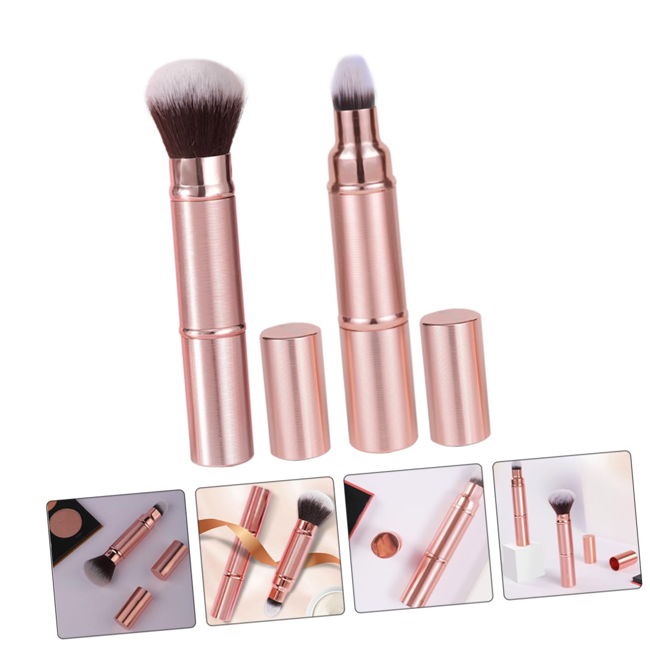 Gatuida Pennelli Trucco da Viaggio 2 Pezzi Double-ended con Setole Morbide e Design Retrattile con Cappuccio per Applicazione Uniforme di Fondotinta e Blush in Ufficio e Viaggio
