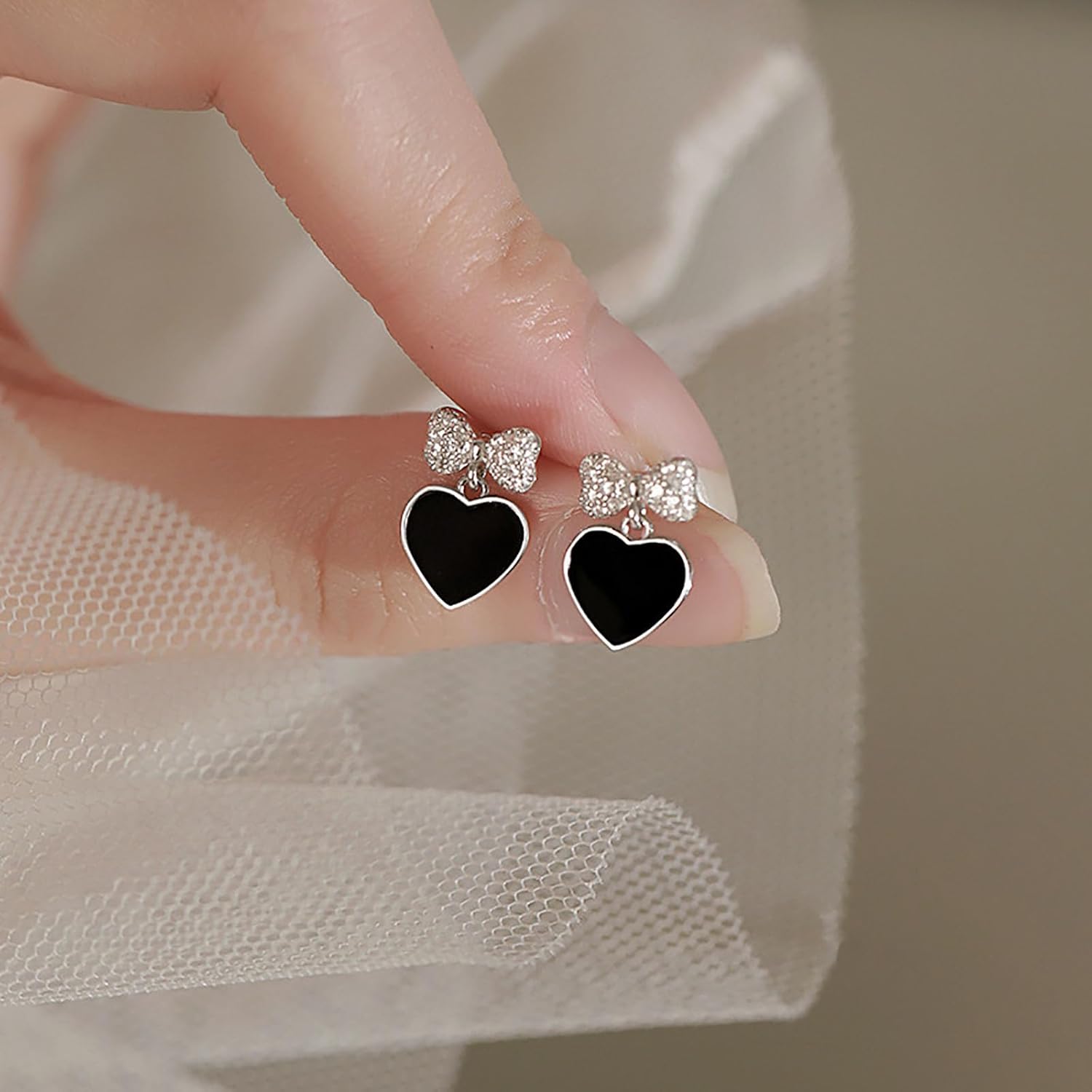 W WEILIRIAN Black Heart Earrings for Girls Boho Tiny Bow Earrings Love Heart Stud Earrings Crystal Bow Knot Earrings for Women Gifts - Image 3