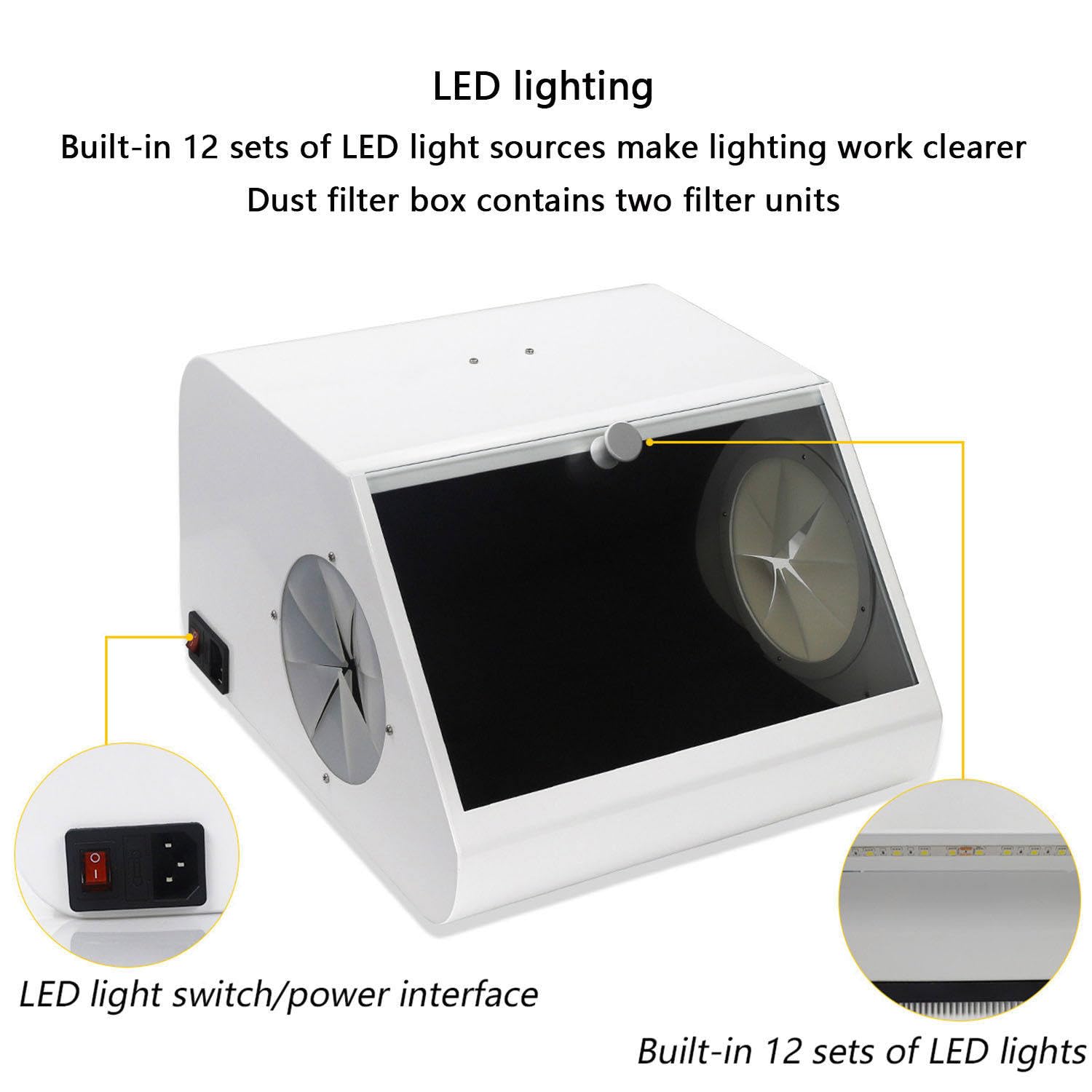 Scatola per Polvere per Laboratorio odontoiatrico, Scatola per Polvere per sabbiatura, con 12 Gruppi di Luce LED, Dispositivi di filtraggio, Vetro temperato, per sabbiatura Dentale, Rettifica