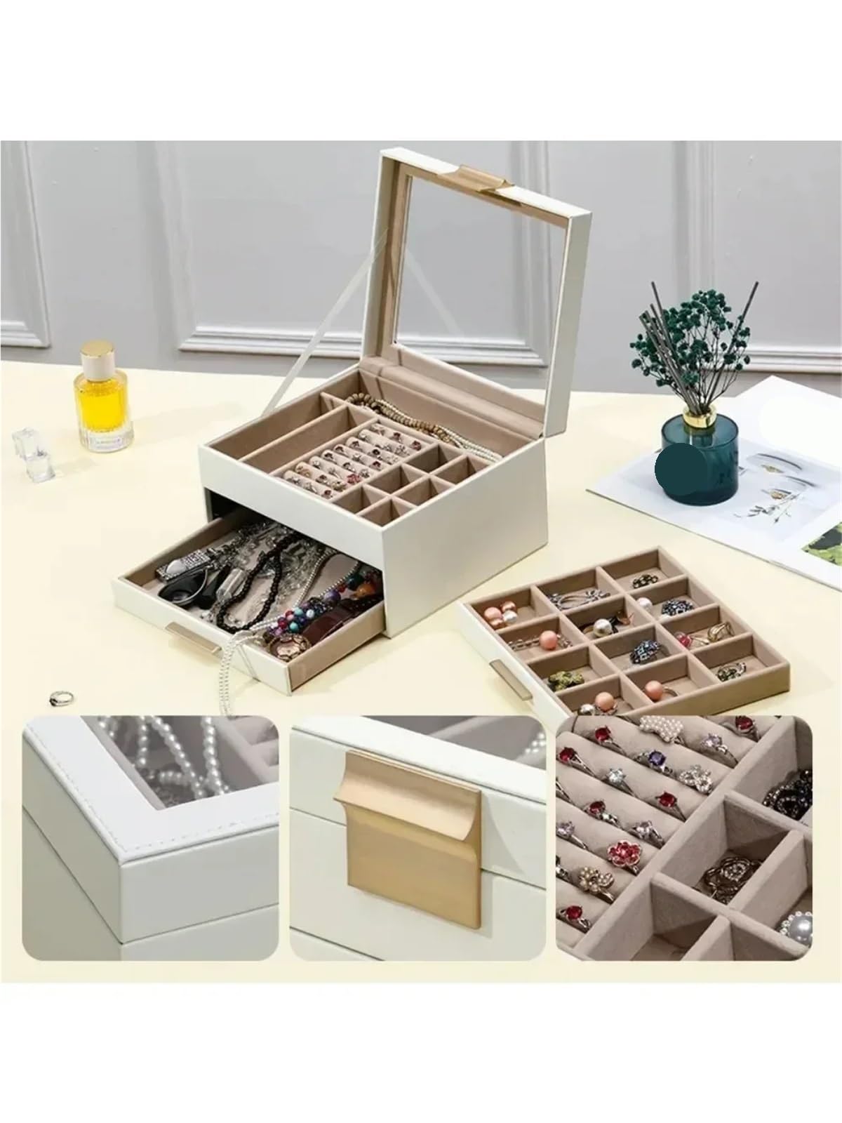 Organizzatore Di Gioielli Da Viaggio Grande capacità, tre strati di carta vellutata PU rettangolare Princess for orecchini, anelli, collane e bracciali Per Anelli E Collane