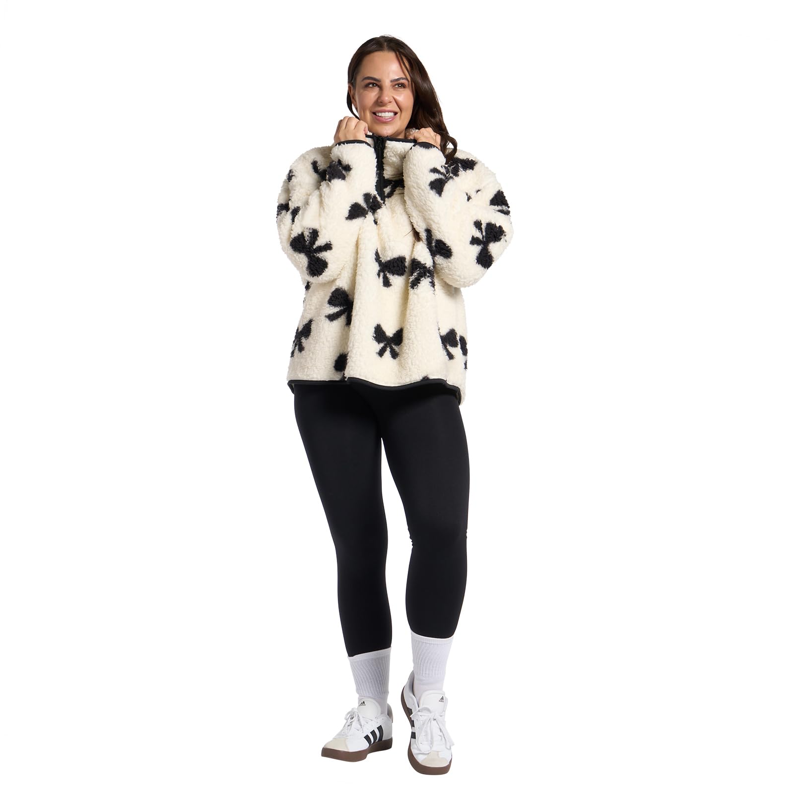 OHS - Teddy Half Zip Fleece Sweatshirt - Bows Print - White - L/XL