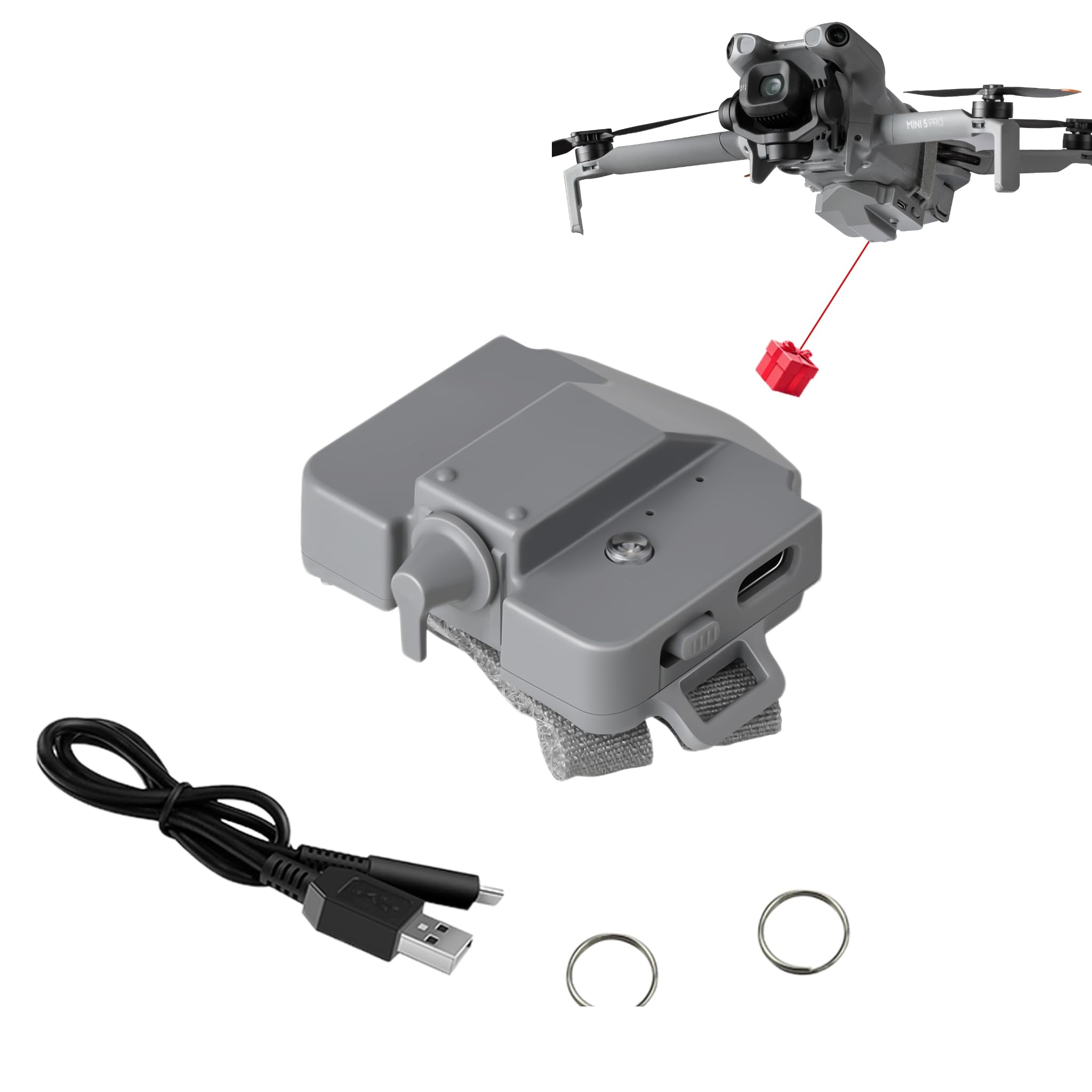 Dispositivo di rilascio del carico utile compatibile con DJI Mini 5 Pro/Mini 4 Pro, carico utile massimo 130 g, telecomando FN/C1 Trigger, 100 gocce per carica, pesca e uso matrimonio