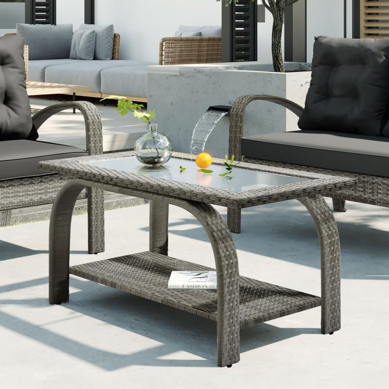 Outdoor Furniture Set, Outdoor Furniture,Patio Conversation Sets, 4 PCS Outdoor Patio Furniture Rattan Sofa Set, All-Weather PE Wicker Conversation Set with Tempered Glass Table and Cushion Gray