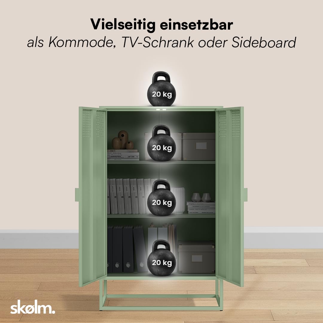 skølm Izar Metall Kommode – Wohnzimmerschrank in Mintgrün – Metallschrank mit 3 Fächern & Doppeltüren – Sideboard für Wohnzimmer – Mehrzweckschrank 80 cm breit – Highboard Industrial Style
