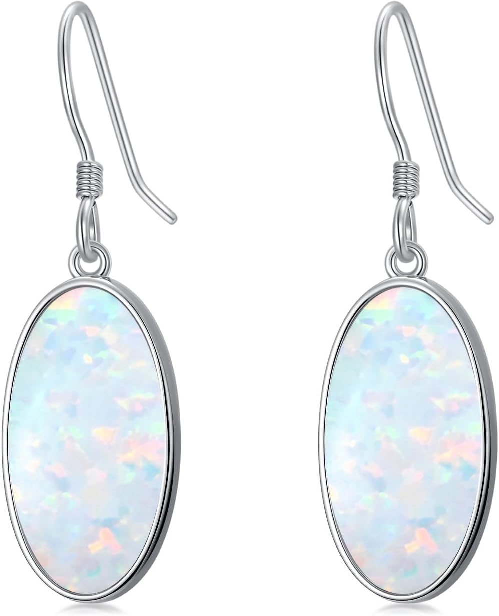 Oval Opal 925 Sterling Silver Simple Earrings Hook, October Birthstone Dangle Earrings Jewelry Birthday Gift for Women