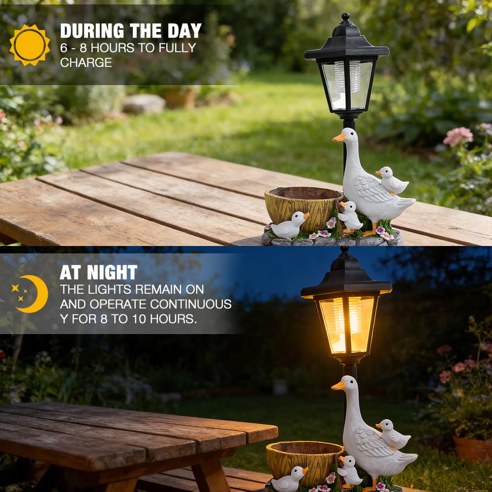 Statue di anatre da giardino con lanterna solare, statuette di anatre sculture artistiche da cortile, ornamenti da giardino all'aperto, statuetta di anatra lanterne ad energia solare per patio