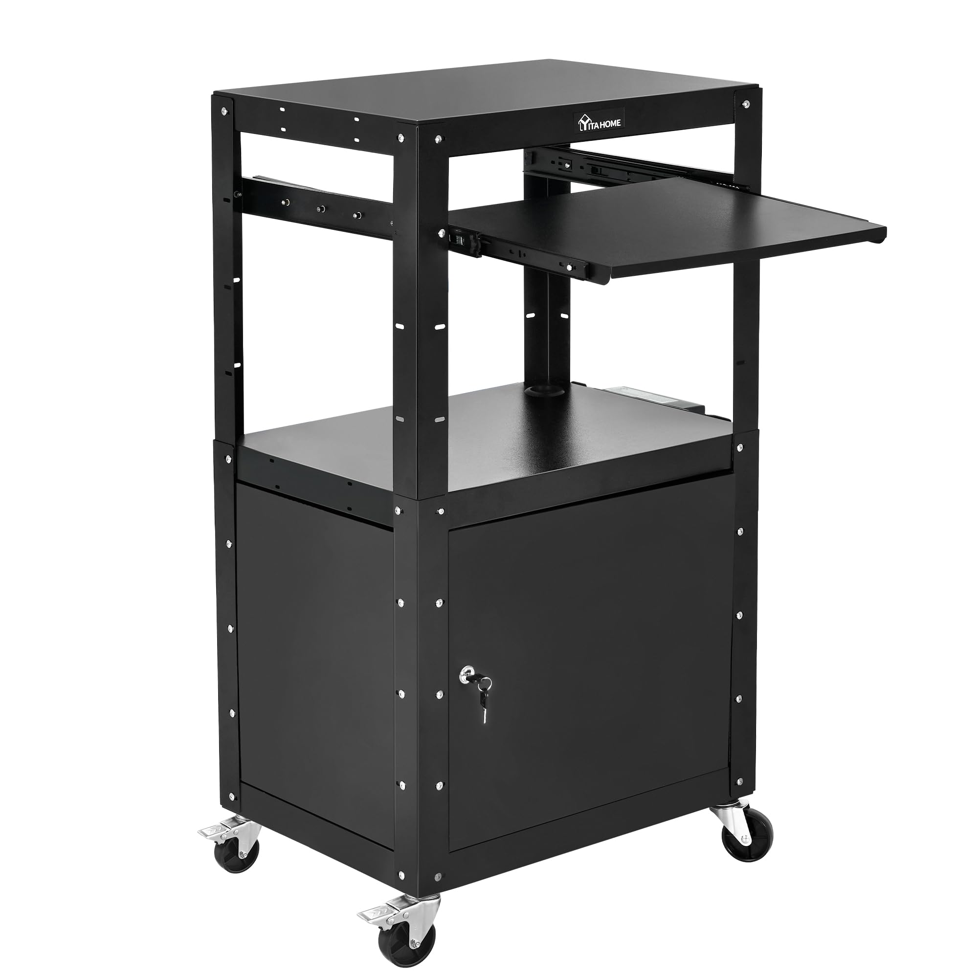 YITAHOME Steel AV Cart with Locking Metal Presentation Cart with Keyboard Tray, Rolling