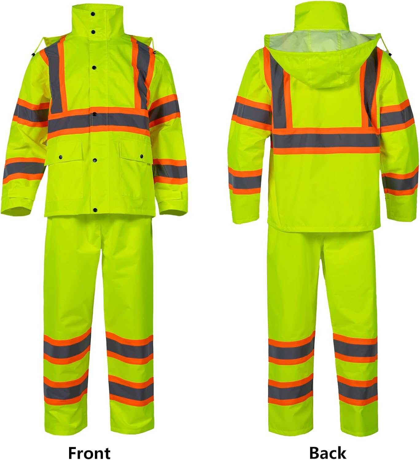 Class 3 Safety Rain Suit Waterproof Work Jacket & Pants with Collapsible Hood, Hi Vis Rain Suits for Men - Image 2