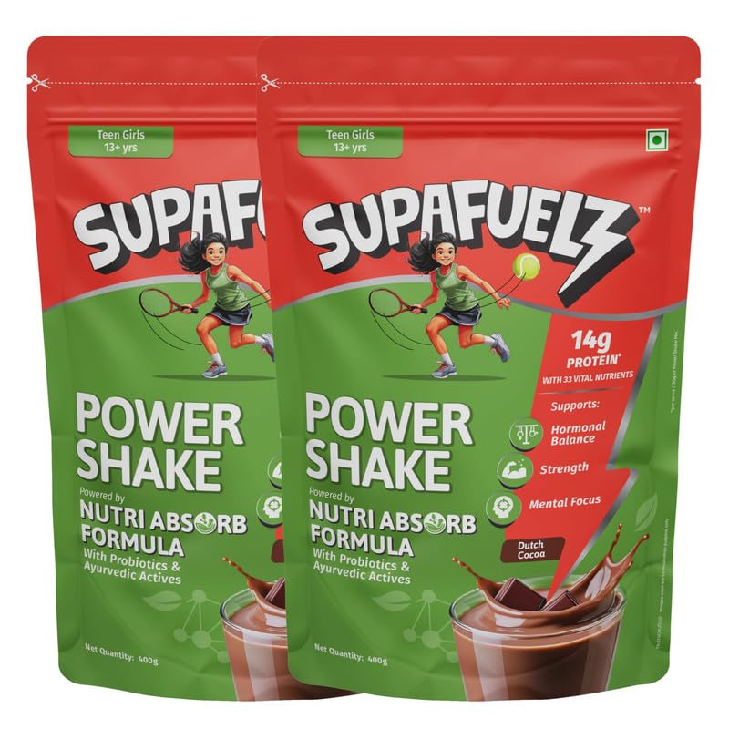 Image of Supafuelz Power Shake Teen Girls 13+ Yrs (2 x 400g)| Height & Strength Drink | 14g Protein, 33 Nutrients, Probiotics & Ayurvedic Actives| Daily Nutrition Drink supports Height, Strength & Focus | Chocolate 800g | Safe Nutrition Drink For Teens